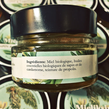 Mieliksir Miel biologique Huile essentielle Sapin Cardamome Propolis Québec Local